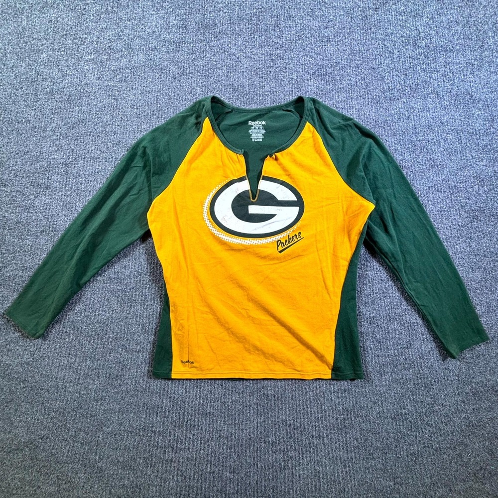 Reebok Green Bay Packers NFL Shirt Womens XL Green Gold Long Sleeve Split Neck